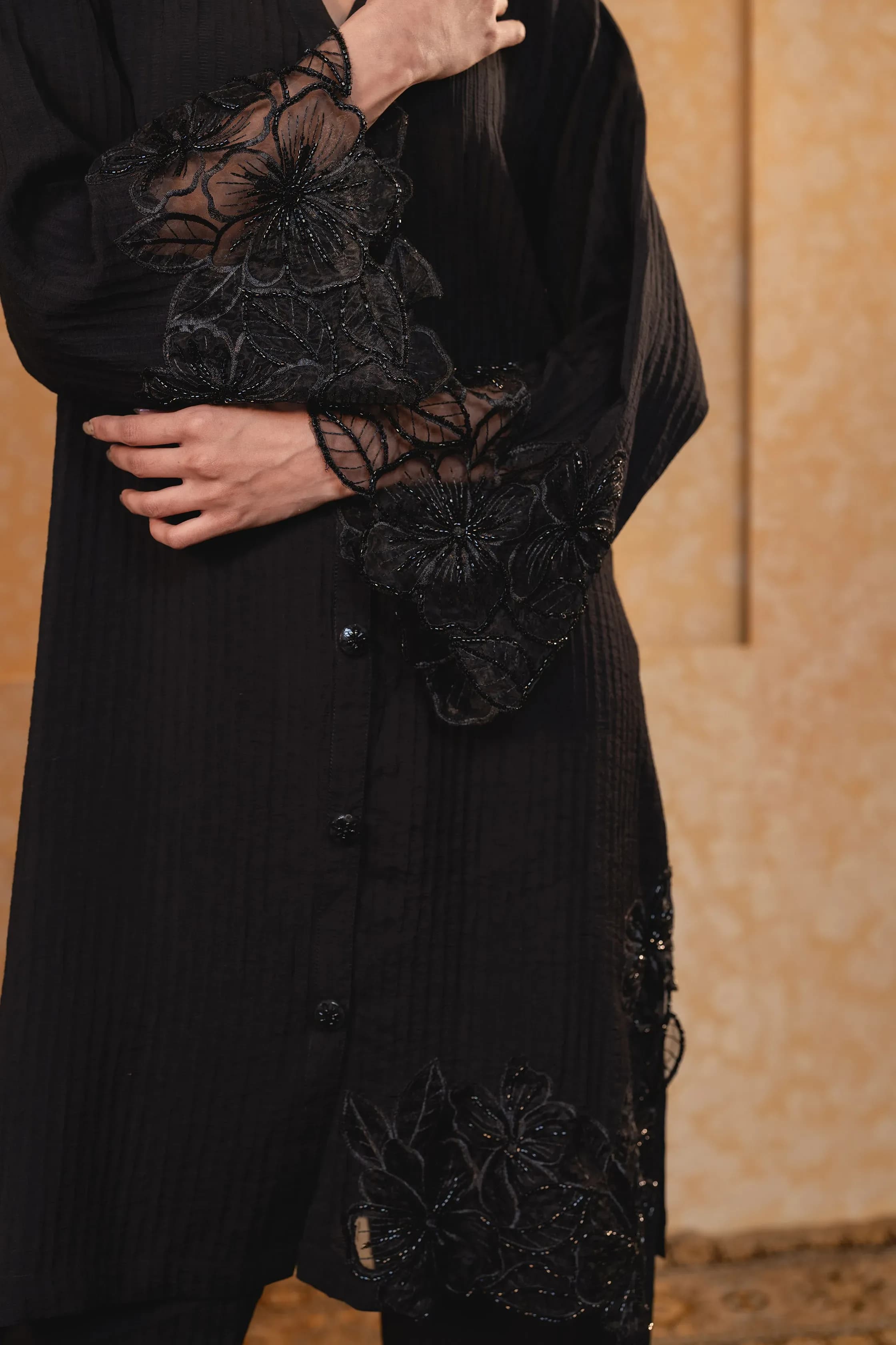 Midnight Noir Embellished Co-Ord Set with Handcrafted Lace & Karchupi