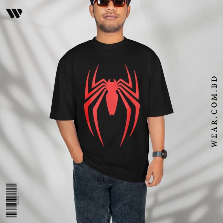 Black Oversized T-Shirt with Red Spider Emblem